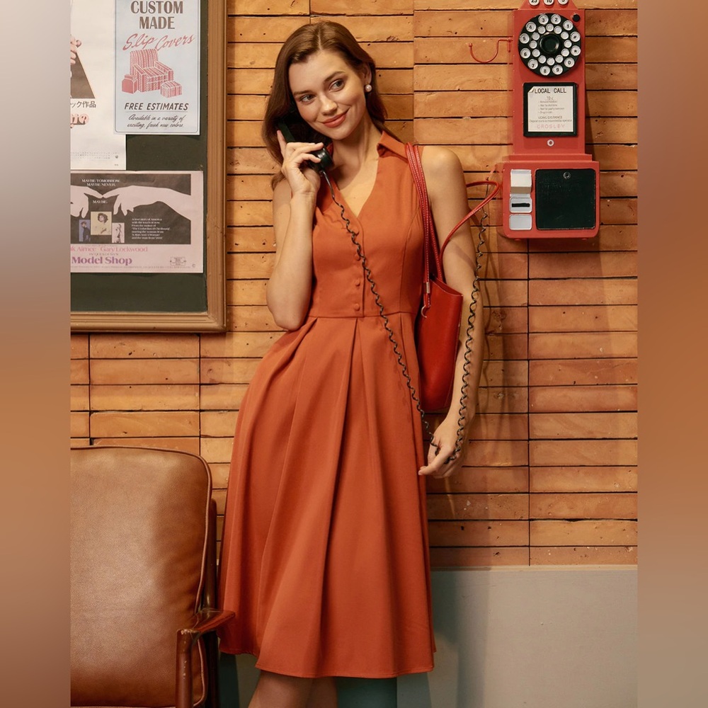 Rihoas Red Button Sleeveless Midi Dress